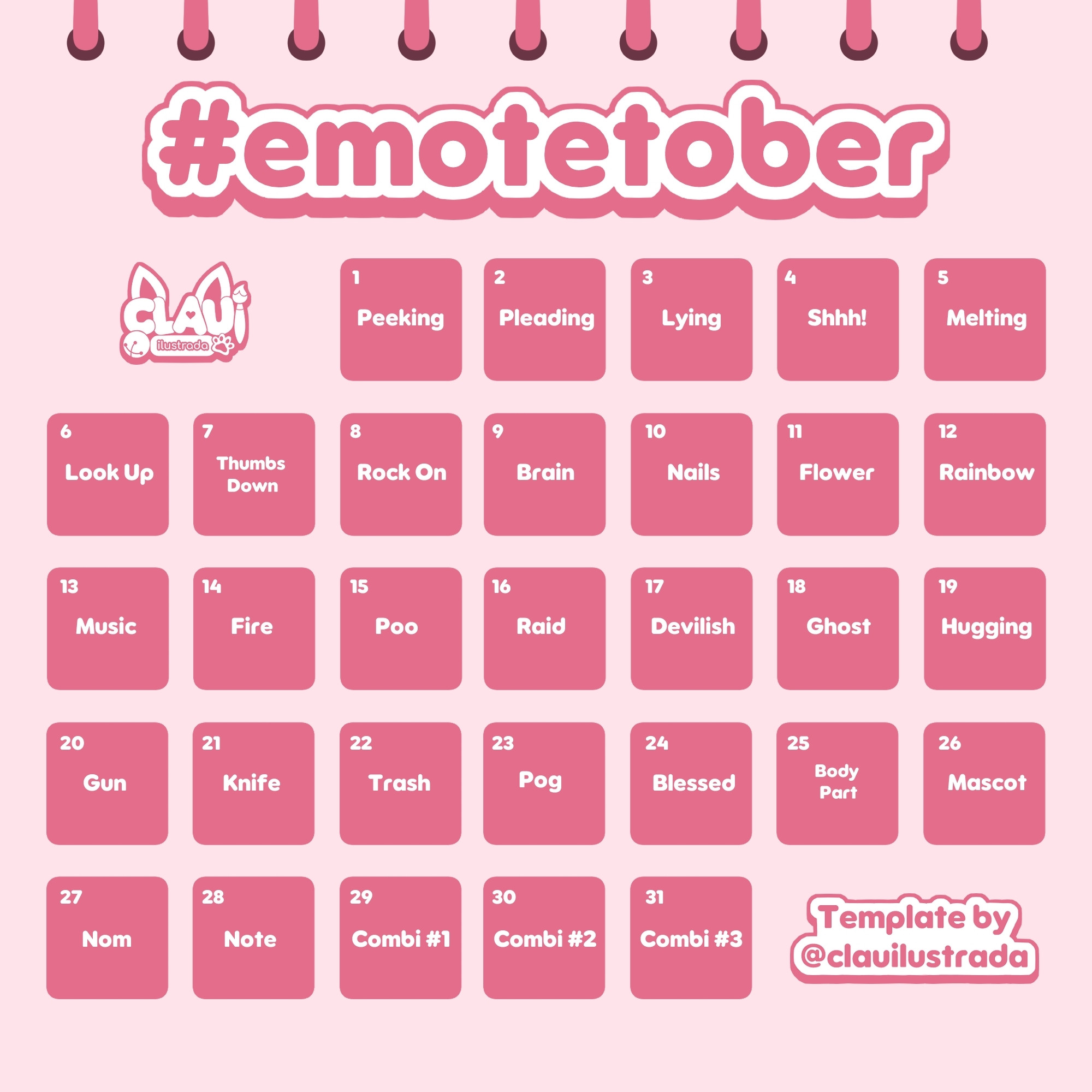 Clauilustrada's Emotetober challenge. A calendar of the month with different expressions listed for each day.