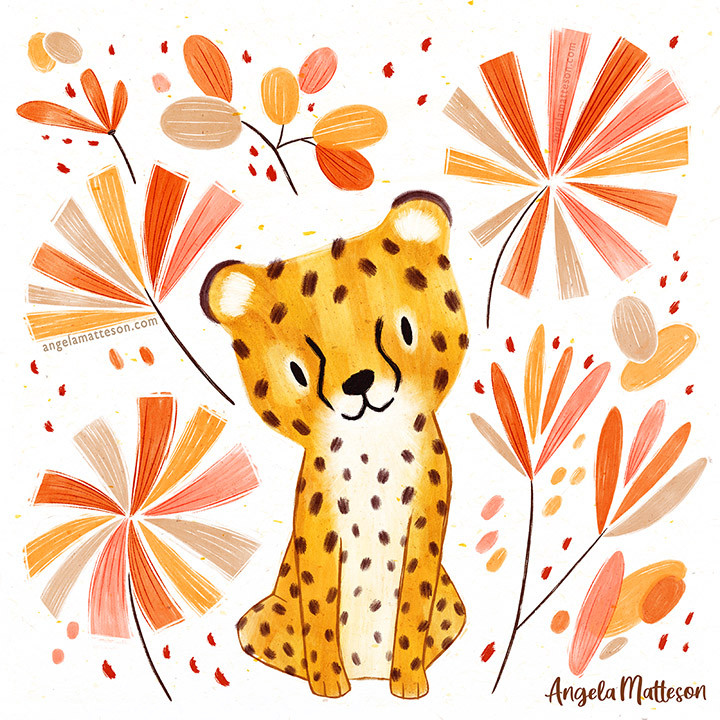 An illustration of a young cheetah surrounded by abstract foliage.