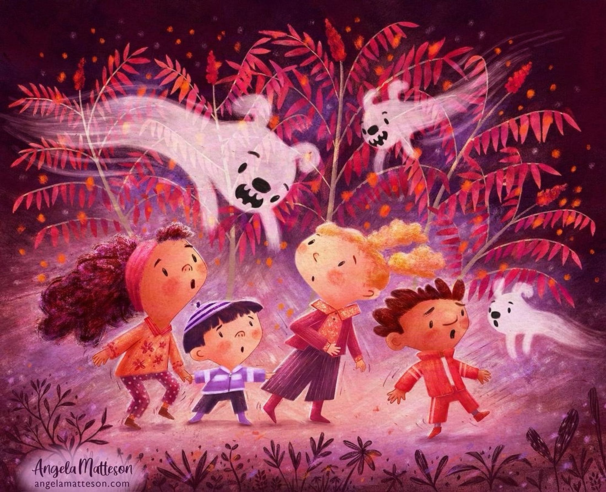 An illustration of 4 kids in a Staghorn sumac forest looking worried about 3 ghost puppies approaching them.