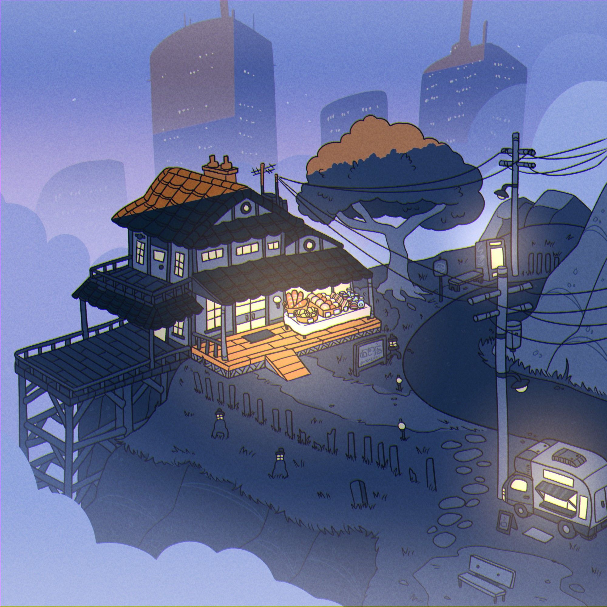 A digital drawing of a teahouse up in the mountains. It is dawn and only the front porch is illuminated. The front porch has a table with a white tablecloth with an assortment of breads and jams on top. On the street there is a coffee truck. Behind this, are giant sky scrapers piercing up from the clouds.