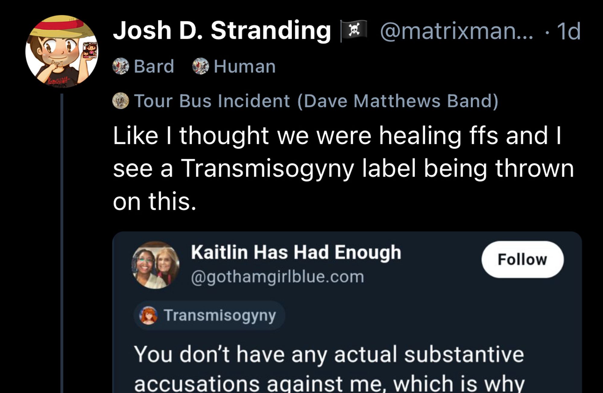 some fuckin hellthread jagoff caping for kaitlin byrd (transmisogyny)

Like I thought we were healing ffs and I see a Transmisogyny label being thrown on this.