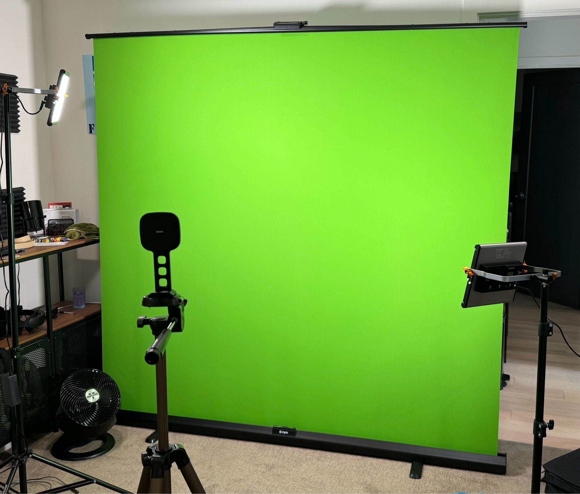 a photo of a green screen with some lighting panels