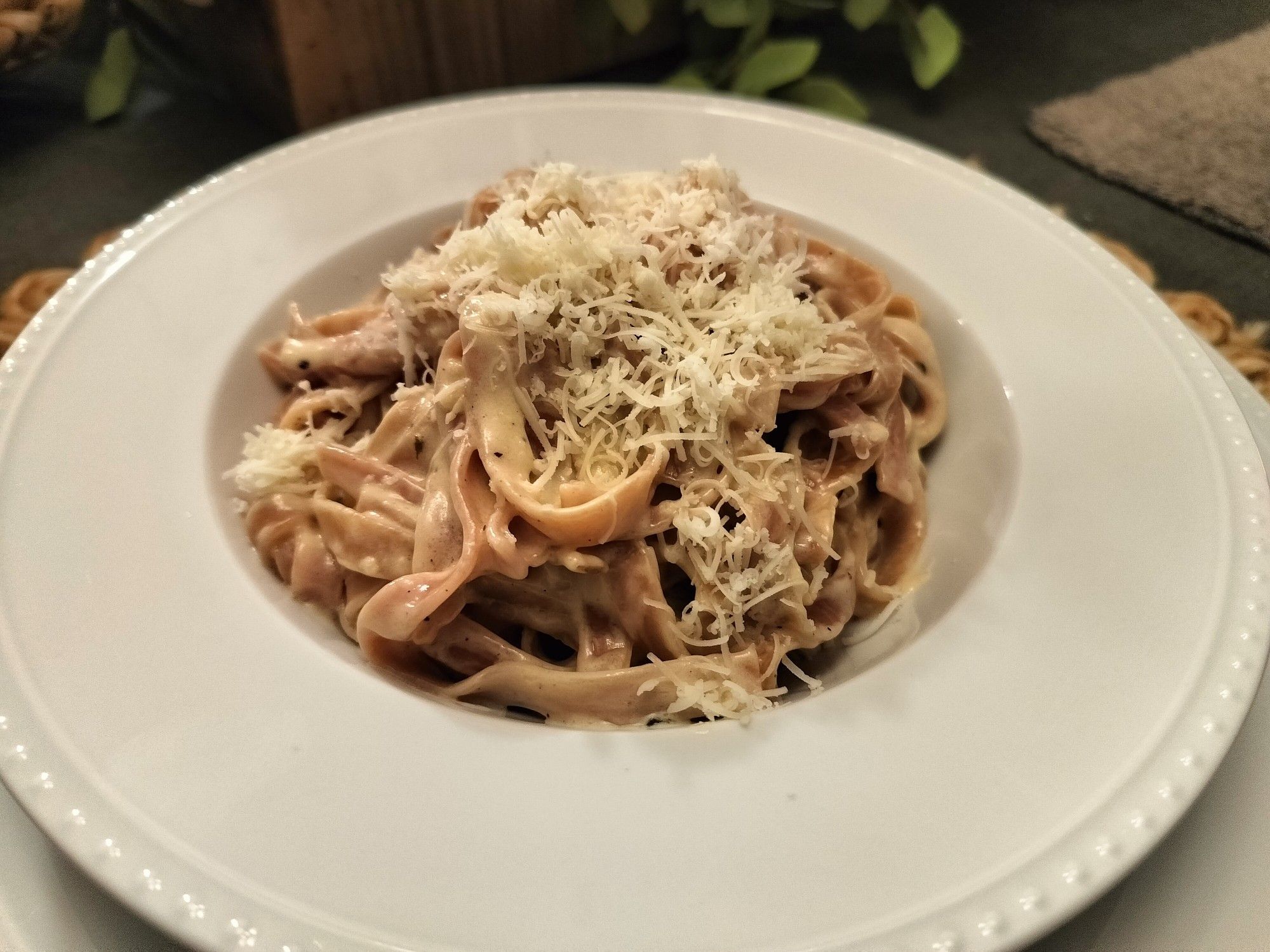 A bowl of homemade Alfredo with fettuccine.