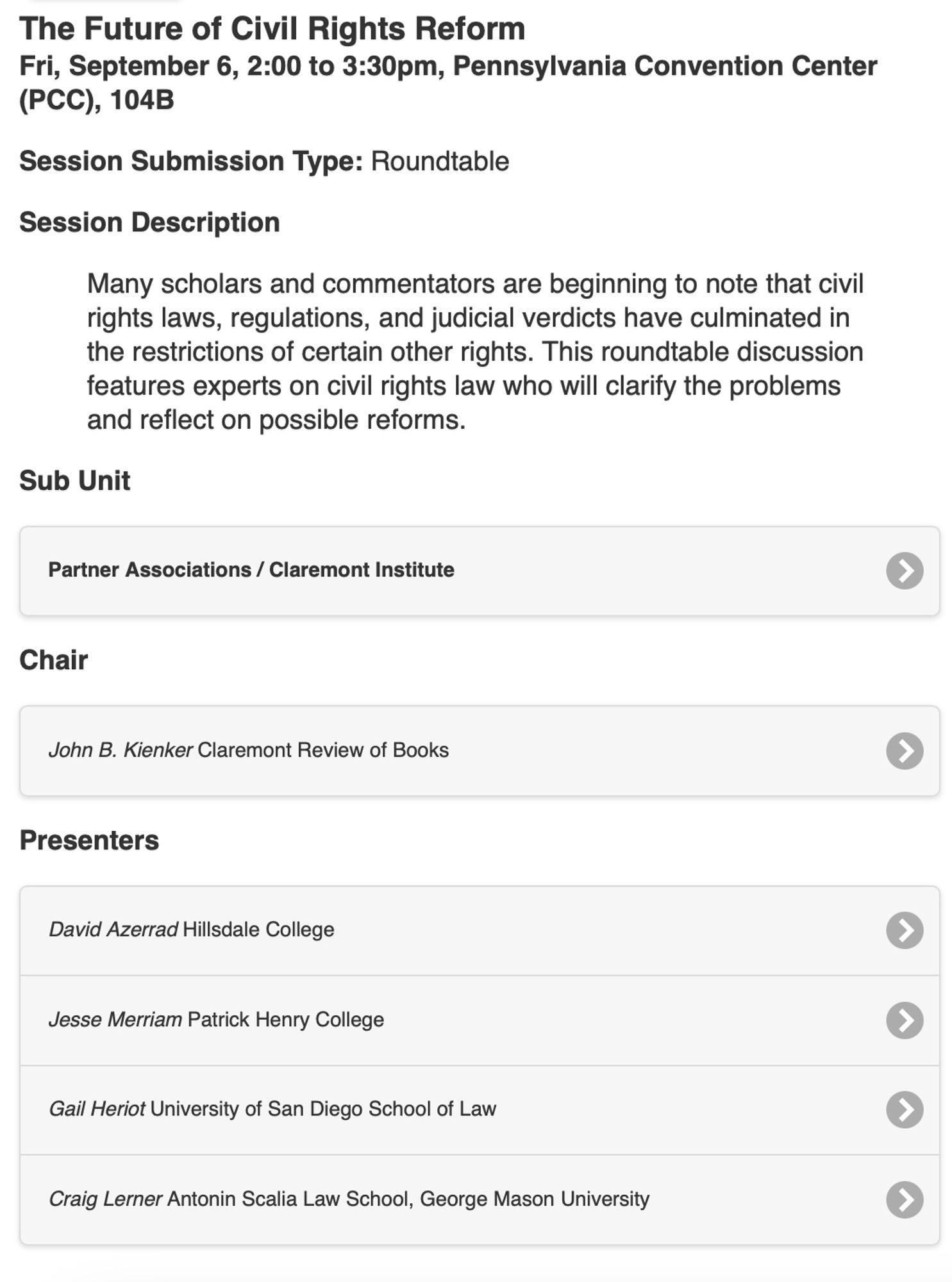 A panel on "civil rights reform" featuring people from Claremont, Hillsdale, Patrick Henry College and the Scalia Law School at George Mason