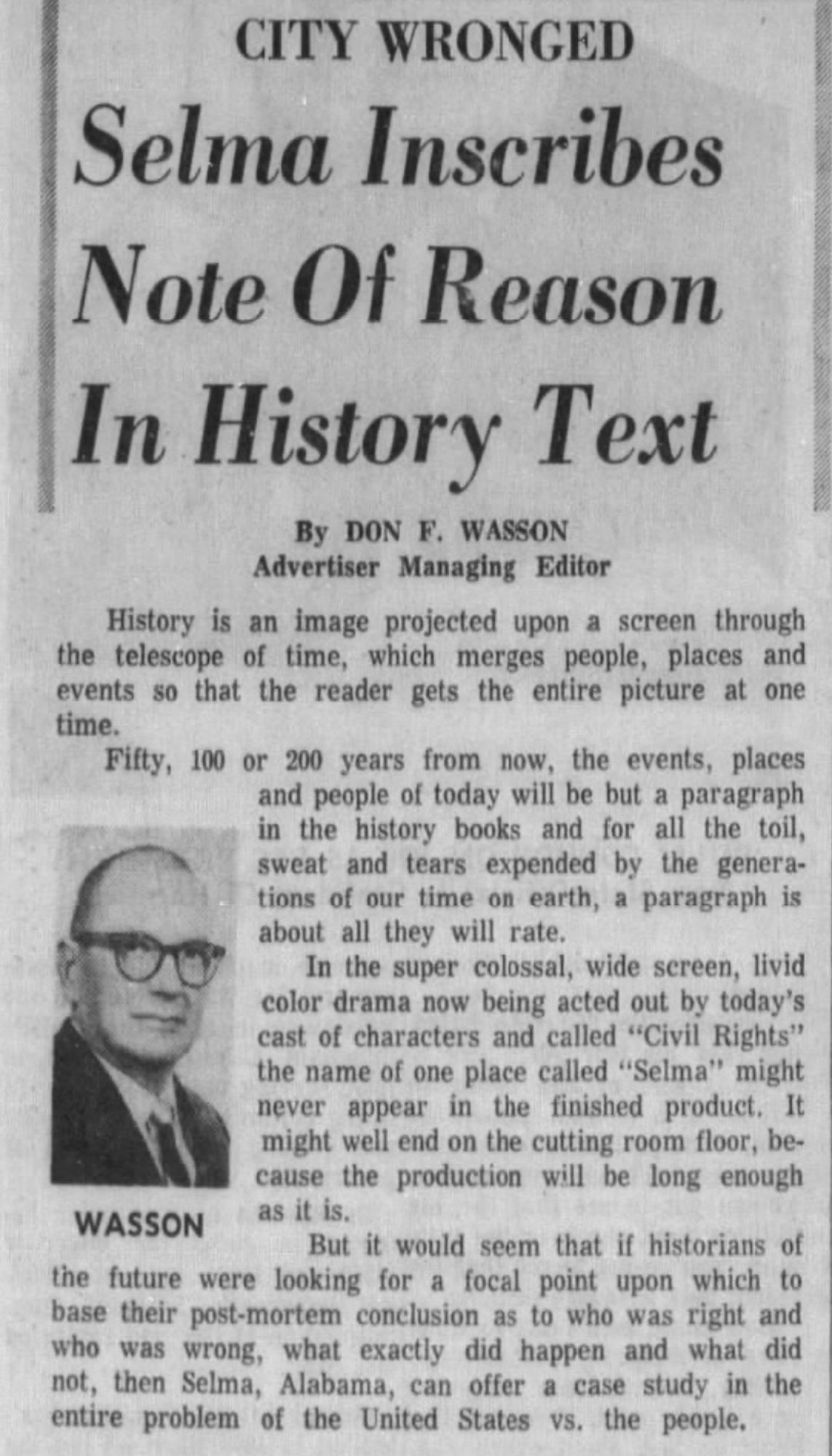 Montgomery Advertiser, 1/31/65: Front Page editorial about how history would vindicate the whites of Selma