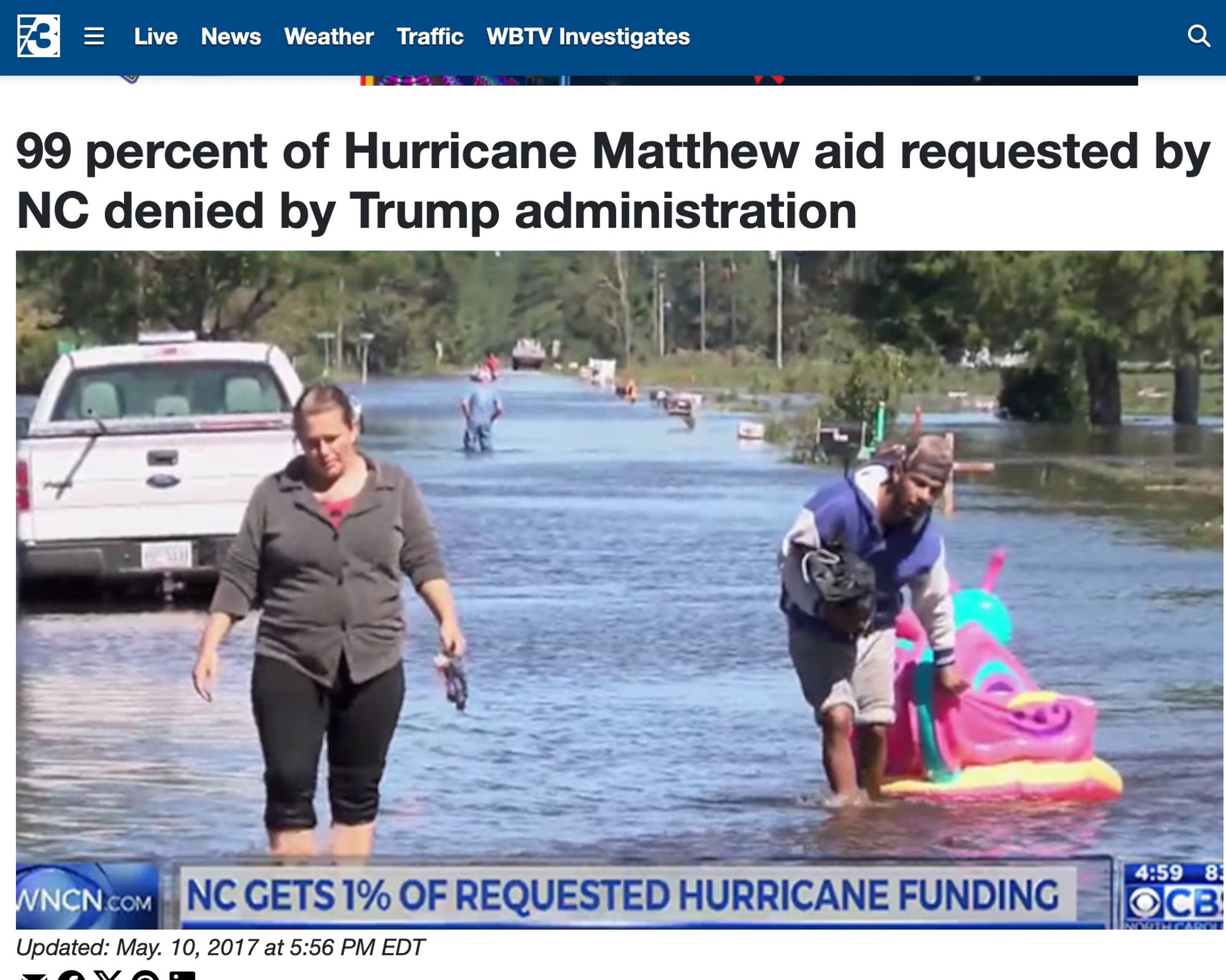 99 Percent of Hurricane Matthew Aid requested by NC denied by Trump administration