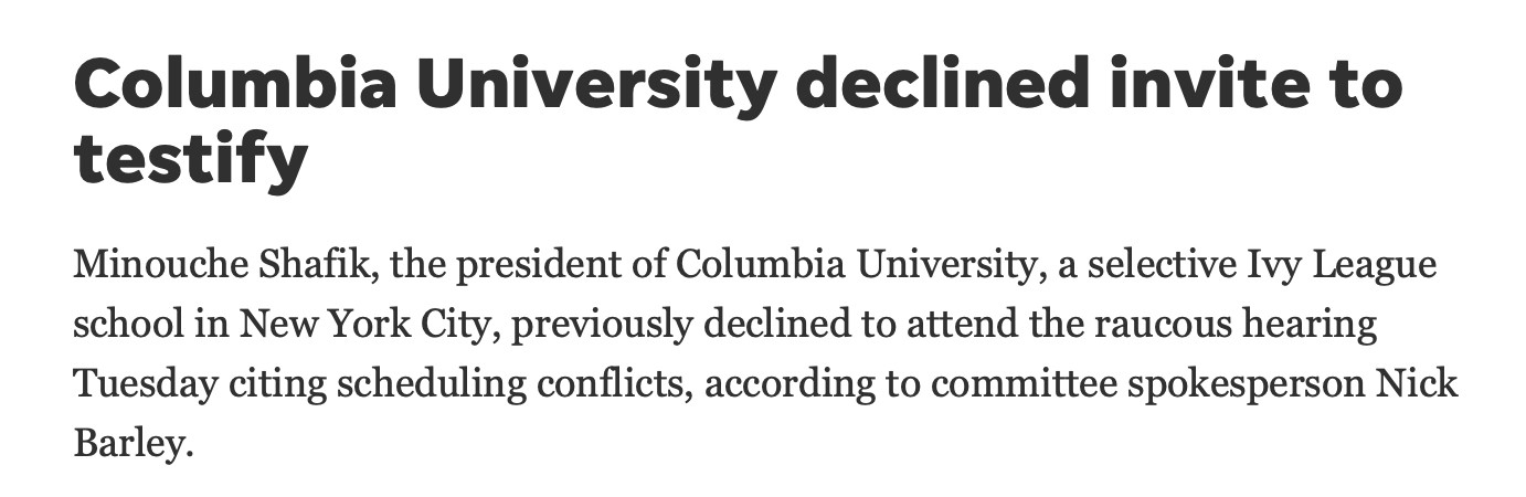 Columbia University declined invite to testify