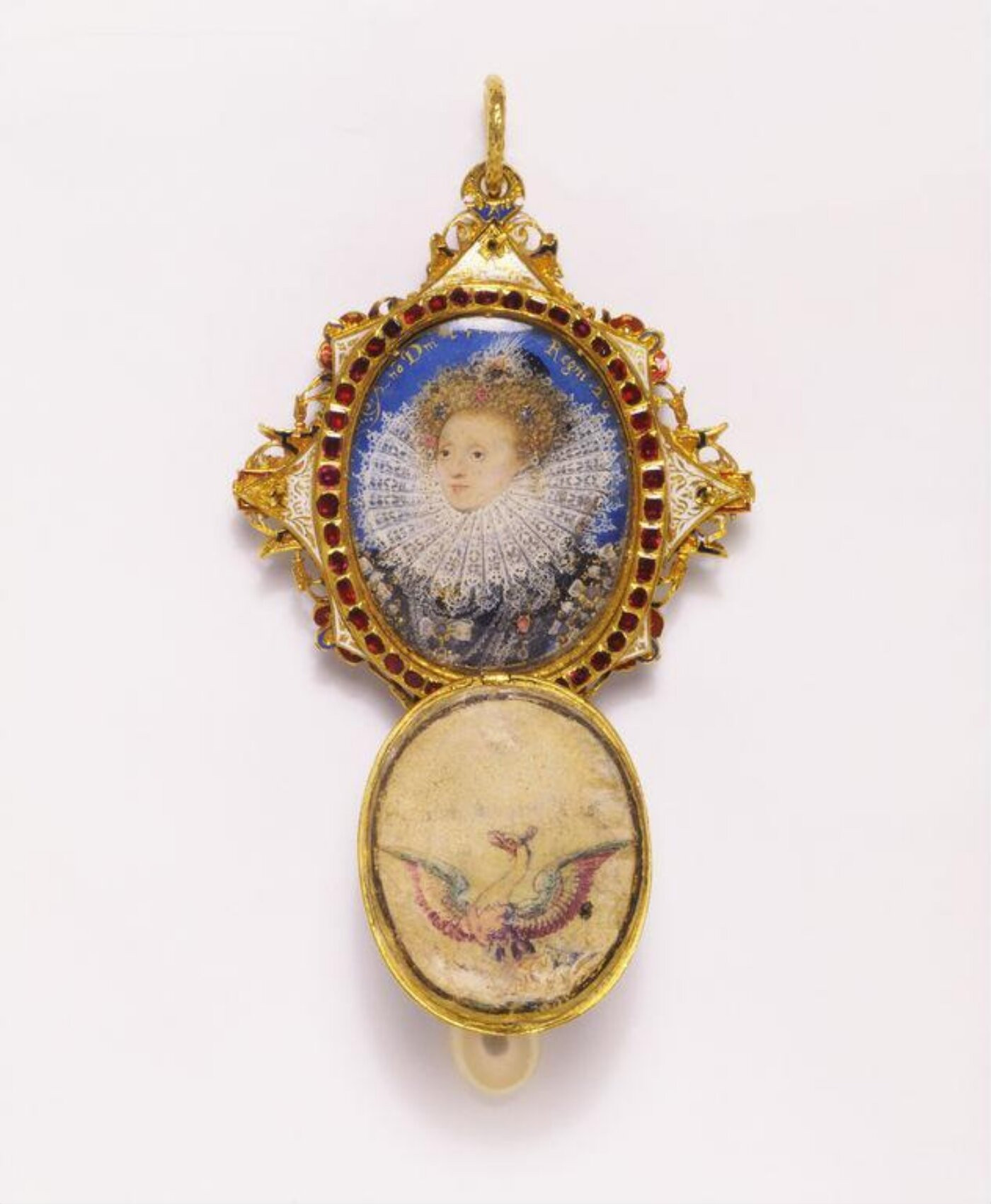 The rear of the jewel contains locket with a miniature head and shoulders portrait of Queen Elizabeth I wearing a large white ruff over her gown. The frame is set with rubies, and the inner lid has a painting of a phoenix, which was an emblem of Queen Elizabeth I.