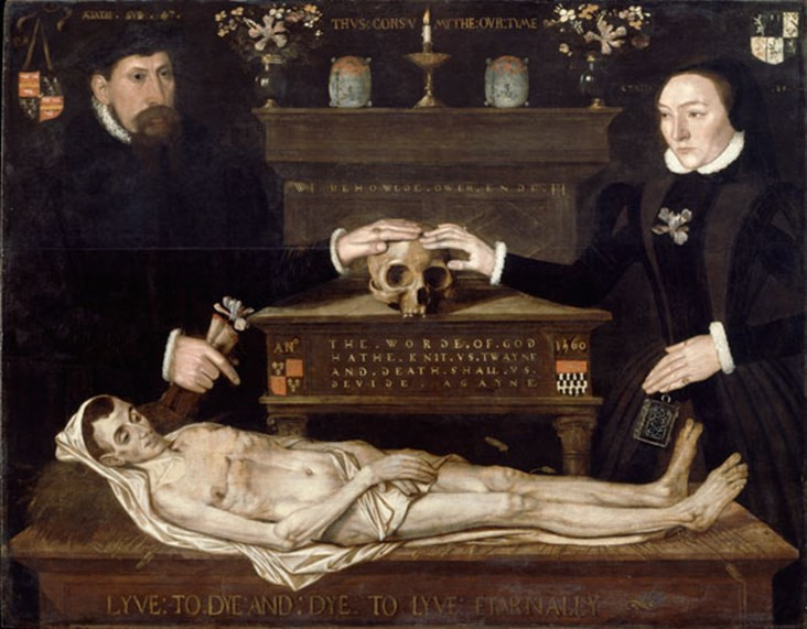 The newlyweds, both dressed in black and looking rather somber, stand at either side of a small table. There's a human skull on the table, and the man and woman each rest a hand on the skull. In front of the happy couple, a human corpse rests on a low table. Inscriptions include THVS CONSVMYTHE OVR TYME, THE WORDE OF GOD HATHE KNIT VS TWAIN AND DEATH SHALL VS DIVIDE AGAYNE, LYVE TO DYE AND DYE TO LYVE ETERNALLY. The original frame is inscribed WHEN WE ARE DEADE AND IN OWR GRAVES, AND ALL OWRE BONES ARE ROTTUN, BY THIS SHALL WE REMEMBERD BE, WHEN WE SHULD BE FORGOTTYN.