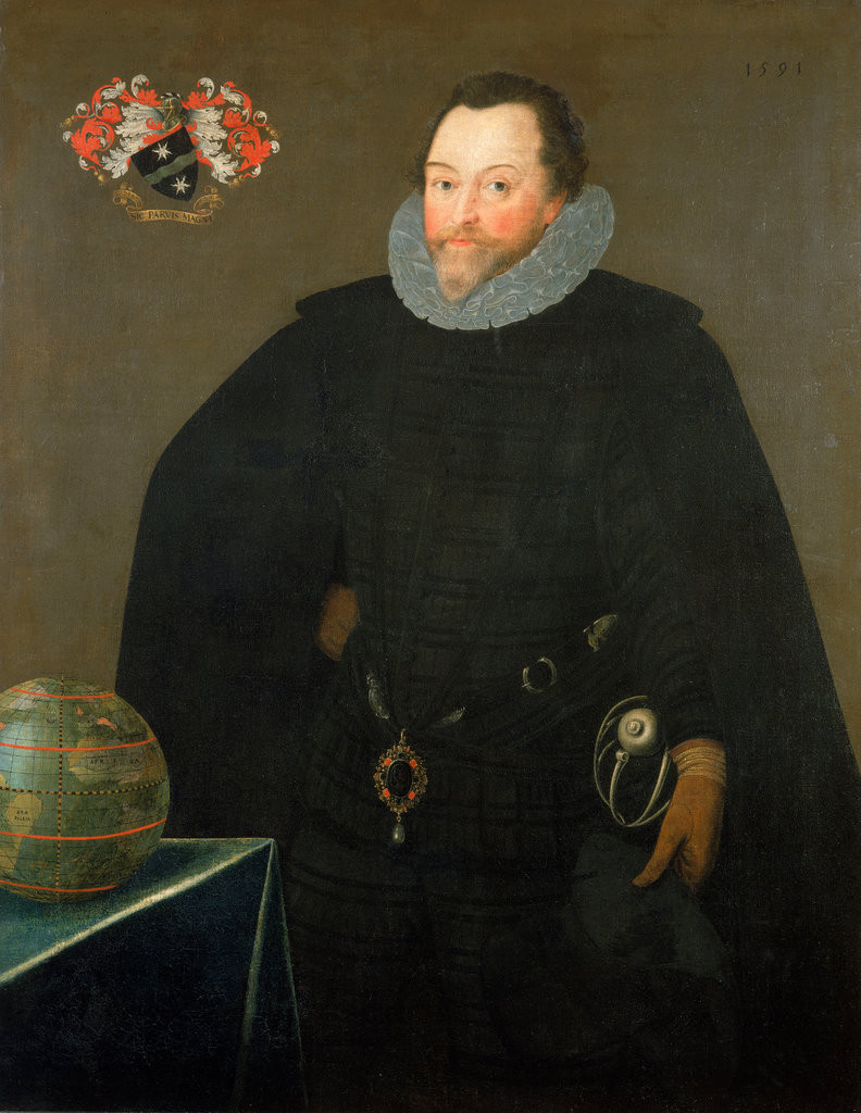 A three-quarter-length portrait of Drake slightly to the left, dressed in black with a modest white ruff, wearing leather gloves and the 'Drake Jewel' of gold with enamel, rubies and a drop pearl hanging at waist level on a ribbon from his neck. He wears the Jewel cameo side out. To the left is a table covered in green velvet with a globe and, above, a coat of arms.