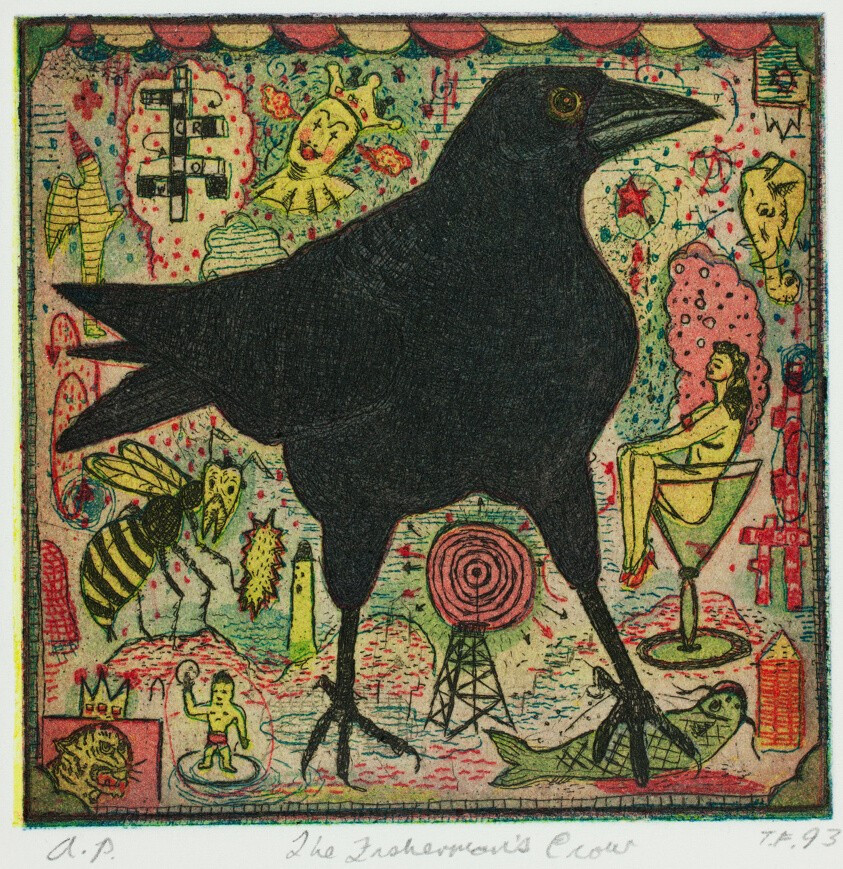 A square image dominated by the figure of a crow fixing its eye on us. The crow has one foot planted on a dead fish oozing blood.  The background is a chaotic collection of bizarre images; there's a woman in a martini glass, a giant bee, a crowned clown, and an oil well, none of which actually detract from the crow. The line drawings retreat into a chaotic wash of green, cream, and red behind the gorgeous presence of the crow.