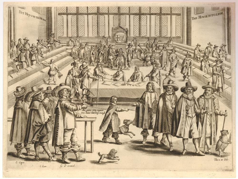 A print mocking the political upheaval in England. The inscriptions on the left and right walls are telling: on the left wall we read "Dit Hvys is Te Hver" in Dutch and its English translation on the right wall: "This House is to Let." It's a chaotic scene. A man is dragging Speaker William Lenthall from the Speaker's Chair, children and dogs are ushering MPs from the chamber with help from an owl in glasses which carries a lit candle. Note the helpful legend at lower right, "This is an owle." Oliver Cromwell wields The Parliamentary Mace at a human-sized bird that carries a lantern. Not a proud moment.