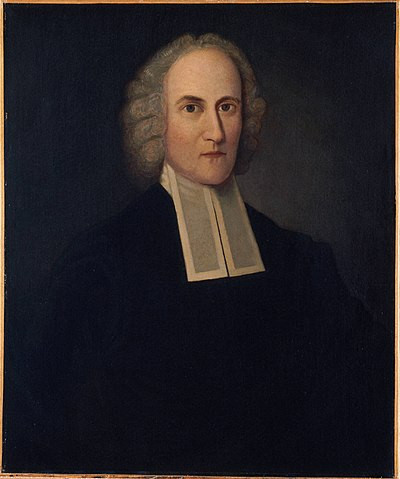 A very dark portrait. Edwards is painted wearing a black robe against a nearly black barckground. The only light is from Edwards' pale, staring, thin-lipped face, his corona of white hair, and his white collar with vertical white tabs. Repent, insects!