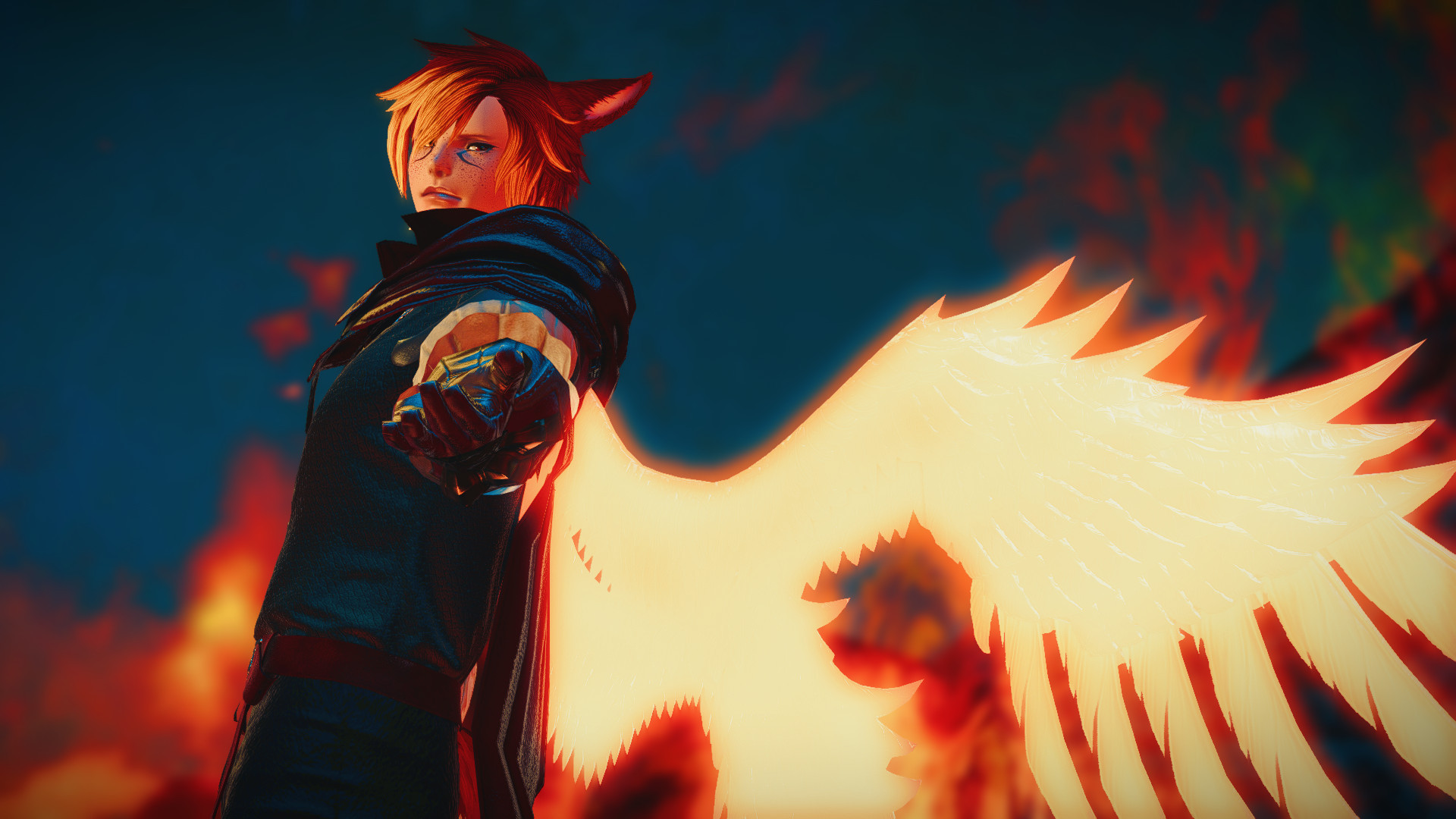 Cat boy dressed in a style similar to Clive and Joshua from FFXVI, holding a flaming sword with glowing phoenix wings on his back.