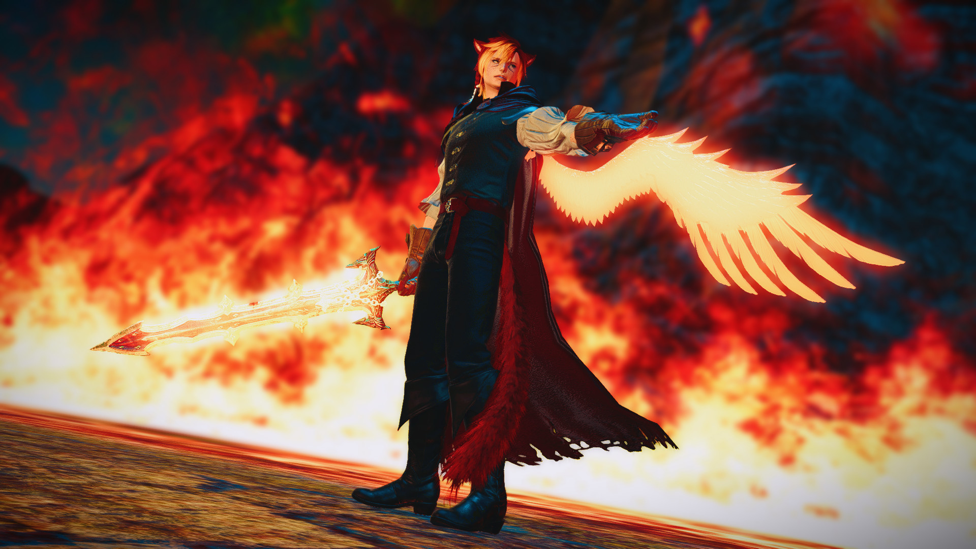 Cat boy dressed in a style similar to Clive and Joshua from FFXVI, holding a flaming sword with glowing phoenix wings on his back.