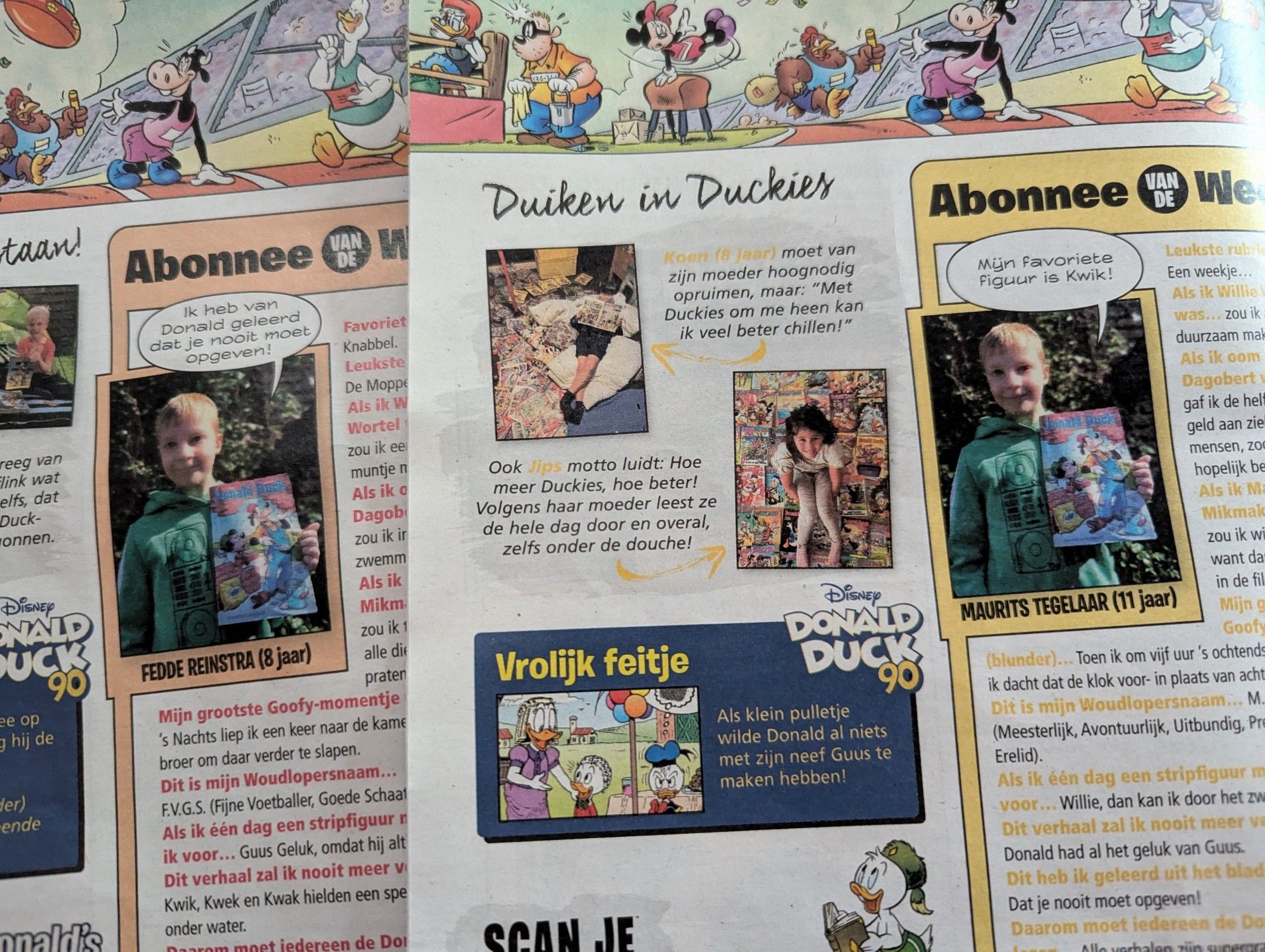 Twee interviews naast elkaar uit de Donald Duck met de 'abonnee van de week' met een identieke foto. Onder de ene foto staat Fedde Rienstra (8 jaar) en de andere Maurits Tegelaar (11 jaar).