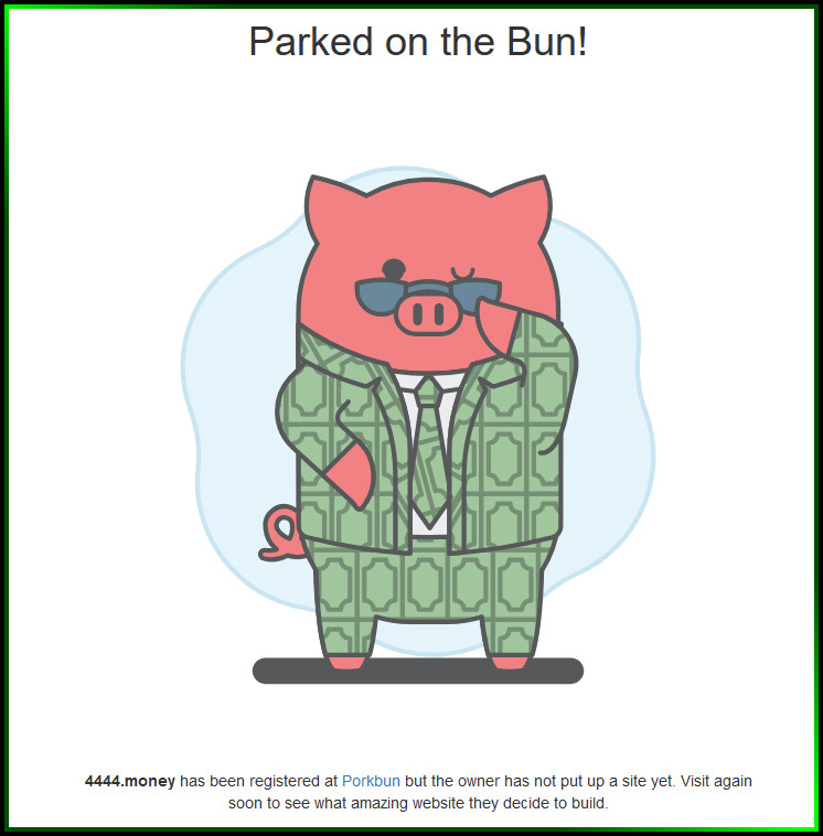 The website "4444.money", which reads:

"Parked on the Bun! 4444.money has been registered at Porkbun but the owner has not put up a site yet. Visit again soon to see what amazing website they decide to build."