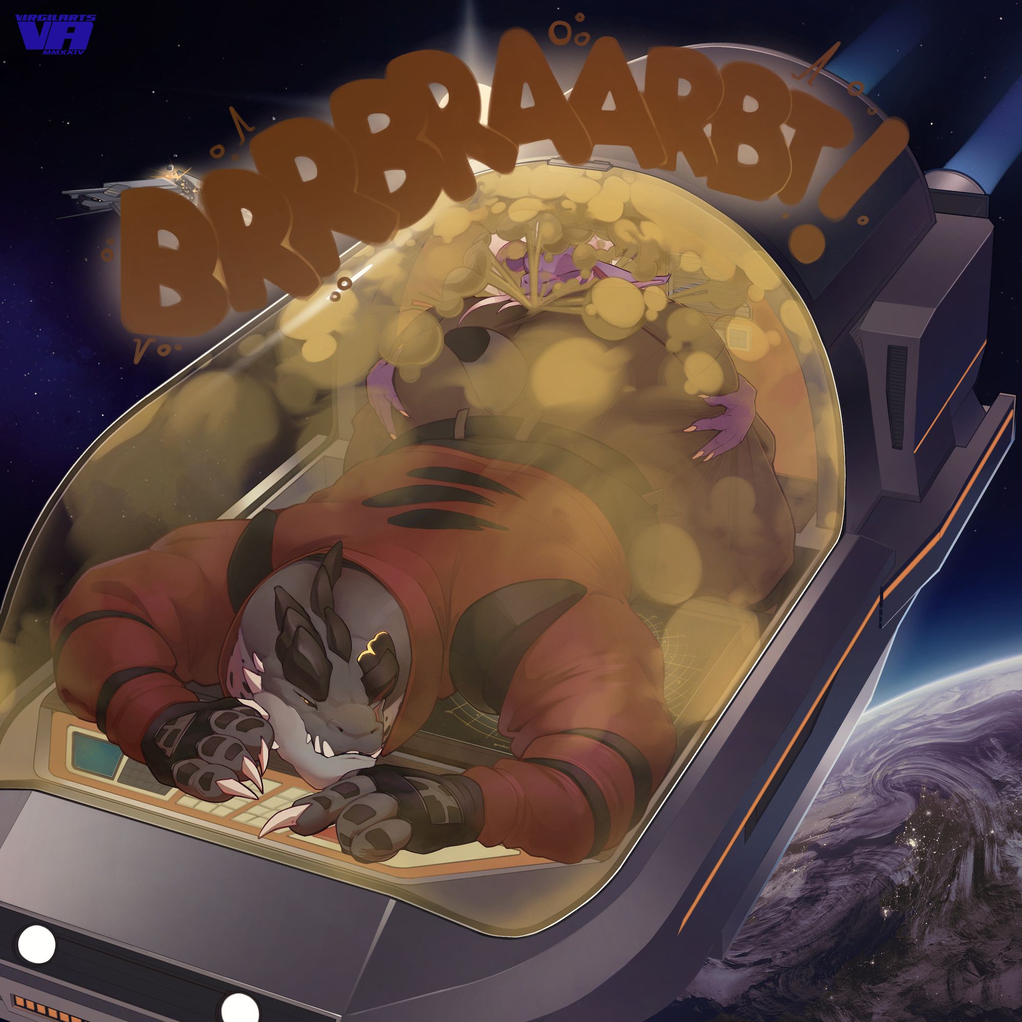 Digital artwork featuring Kothu and Virgil in an escape pod situation, with Kothu so big he had to position his large butt against Virgil to fit in. On this alt, he's shown wincing and letting out a massive fart onto Virgil's face, his gas filling up the pod. The full scene can be read in the story "Close Escape".