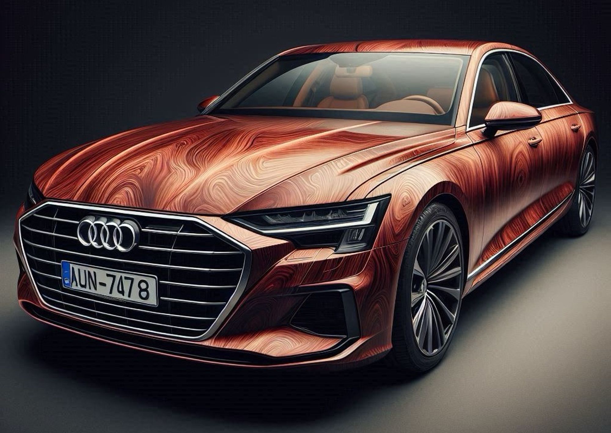 AI-generated image of an Audi A8L luxury sedan with a unique red-brown grain paint finish, as it appeared in OP’s fever dream