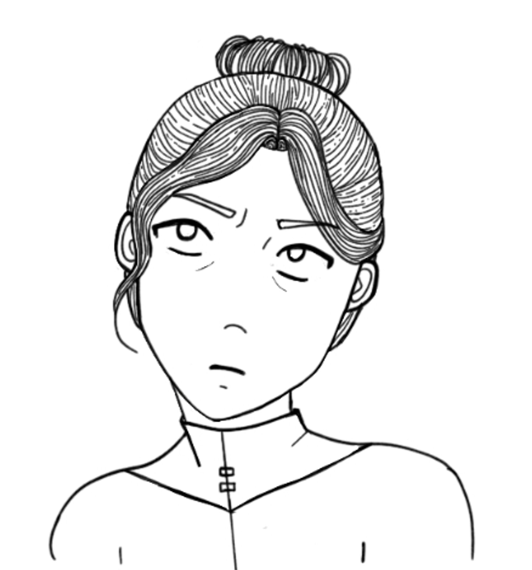 A bust sketch of a woman with her hair up in a bun rolling her eyes dramatically.