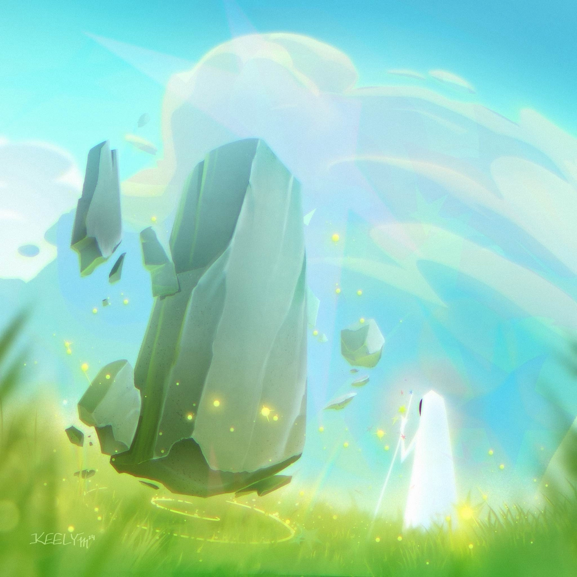 A jagged rock floats above grass. A glowing white-robed figure observes. Some yellow magic particles float around the grass and the monolith. It’s a bright blue day with white fluffy clouds. Very faint stars in rainbow colors cover the canvas.