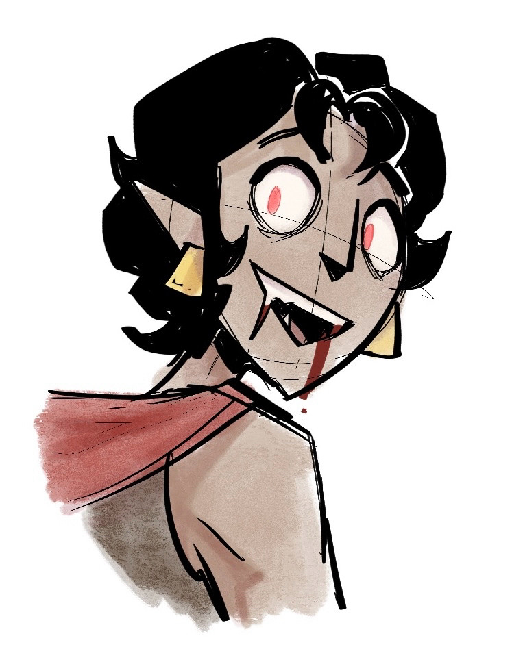 Sketch of an ancient Roman man with curly black hair. He’s smiling and blood drips from his vampire fangs.