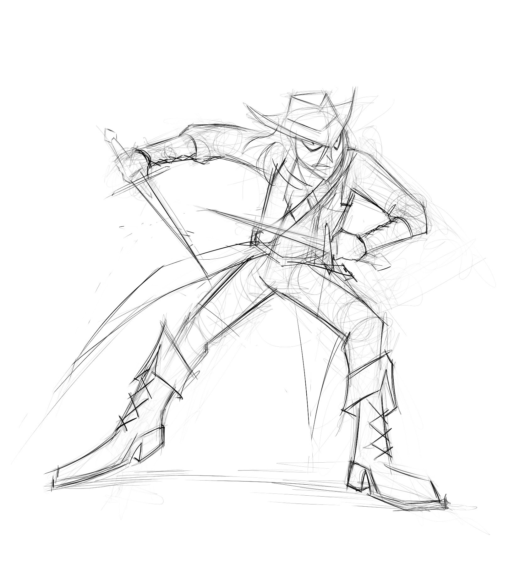 Sketch of a monster hunter woman wielding two daggers, lunging and readying an attack.