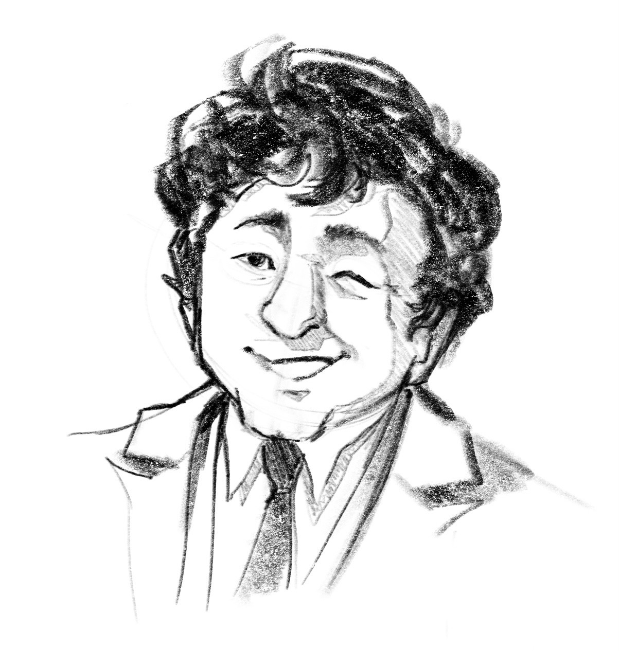 Digital pencil sketch of Columbo smiling with one eye closed.