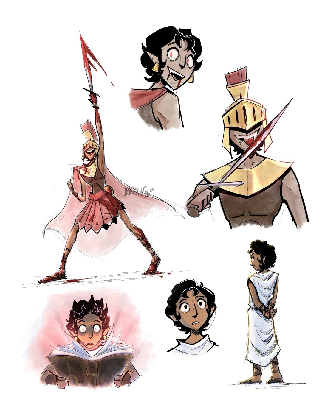 All character sketches combined on the same page. In addition, there are concept sketches of the Sire as a young boy in a white toga, and as a grown vampire centurion licking a bloodied sword.