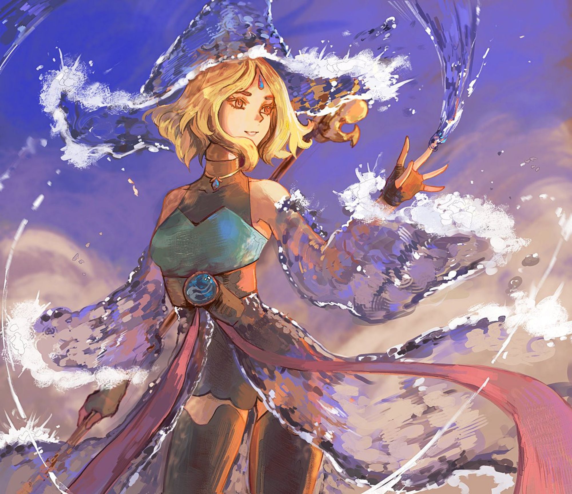 A digital illustration of a female water mage standing in a spell-casting pose. She has short, wavy blonde hair blue eyes and a blue gemstone embedded in her forehead. She wears a sleeveless teal-blue top with a high collar and a belt holding a large blue orb with a water symbol at her waist. Flowing red ribbons trail behind her adding movement to her figure.
Her wide sleeves and robe are made flowing water. Splashes of white and blue trailing from her hand as she bends water with her fingers. In her other hand, she holds staff with a golden tip. The background is a cloudy sky in soft shades of blue and warm yellows making it look like sunset.