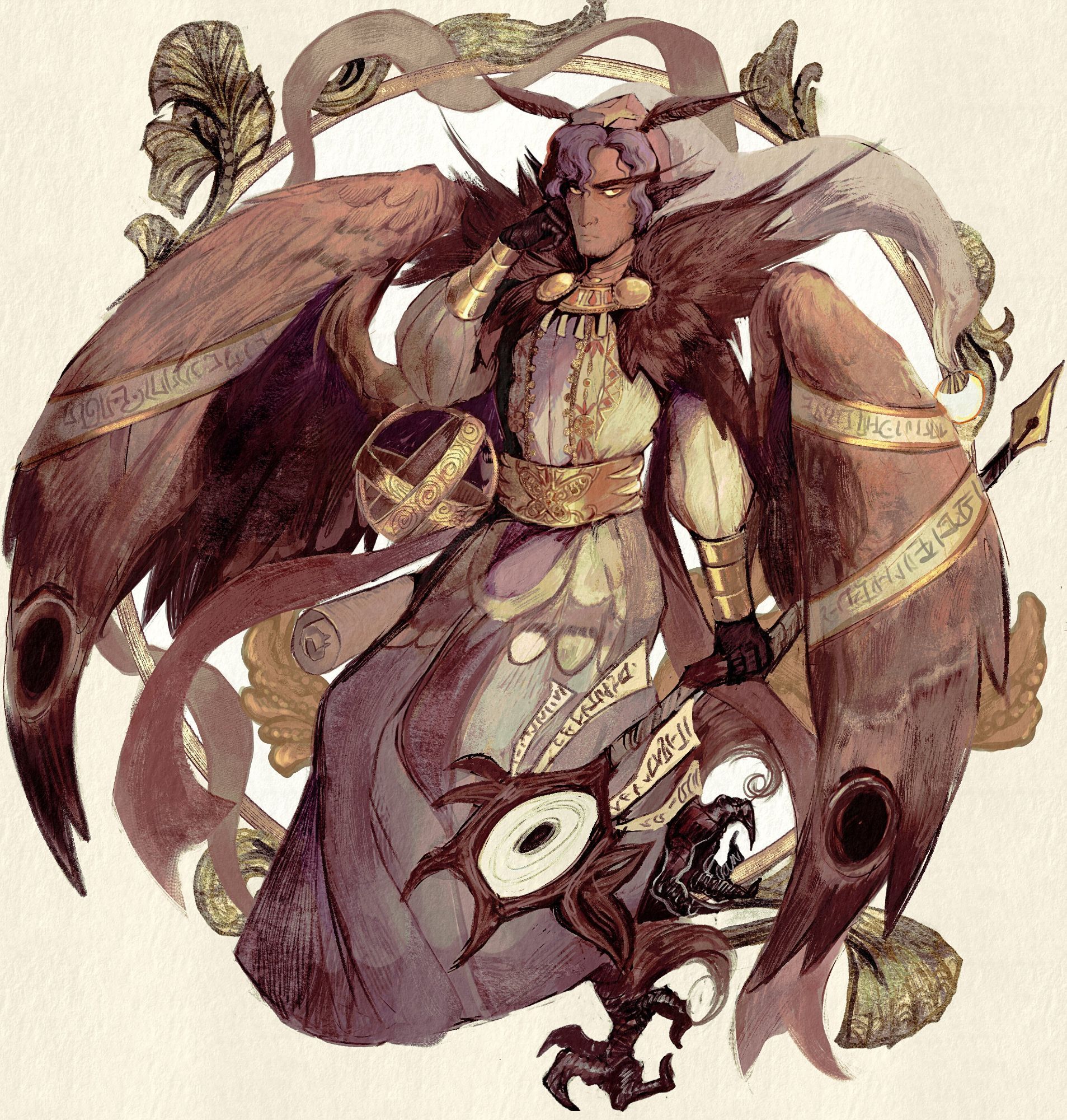 This image portrays a dark skinned man adorned in flowing robes and golden ornaments. They have an air of authority, with purple hair and moth antenae curling from his head. Large, elaborate wings resembling those of a owl spread out behind them, detailed with script-like markings on ribbons are wrapped around their feathers. They hold a staff with one of the extremity shaped like a fountain pen and a spherical object with intricate gold designs.
Surrounding him are various swirling elements, including papyrus leaves and ribbon-like tendrils.