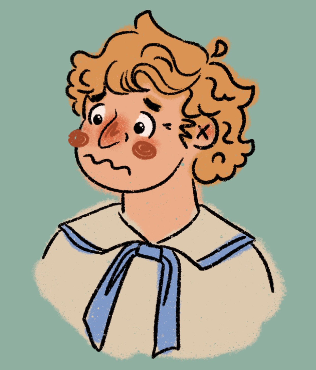 Doodle of Stede in a sailor-esque outfit looking concerned and cute and blushy