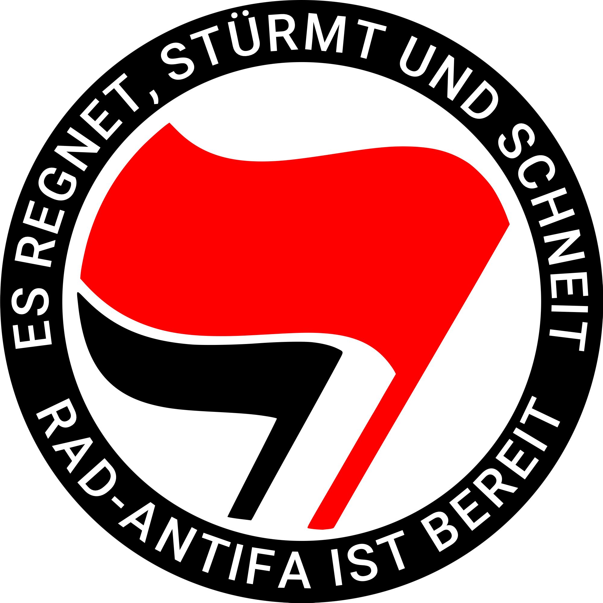 Antifa Logo mit
ES REGNET, STÜRMT UND SCHNEIT
RAD-ANTIFA IST BEREIT