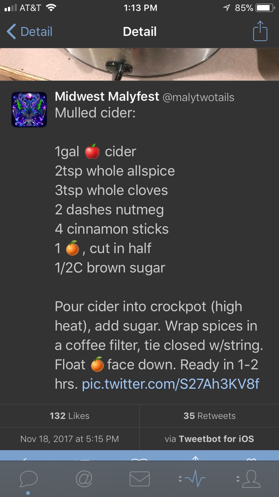 1 gallon apple cider 
2 tsp whole allspice
3 tsp whole cloves
2 dashes nutmeg
4 cinnamon sticks
1 orange, cut in half
1/2 c brown sugar

Pour cider into crockpot (high heat), add sugar. Wrap spices in a coffee filter, tie closed w/string, add to cider mixture.  Float orange halves face down in cider. Ready to drink in 1-2 hrs.