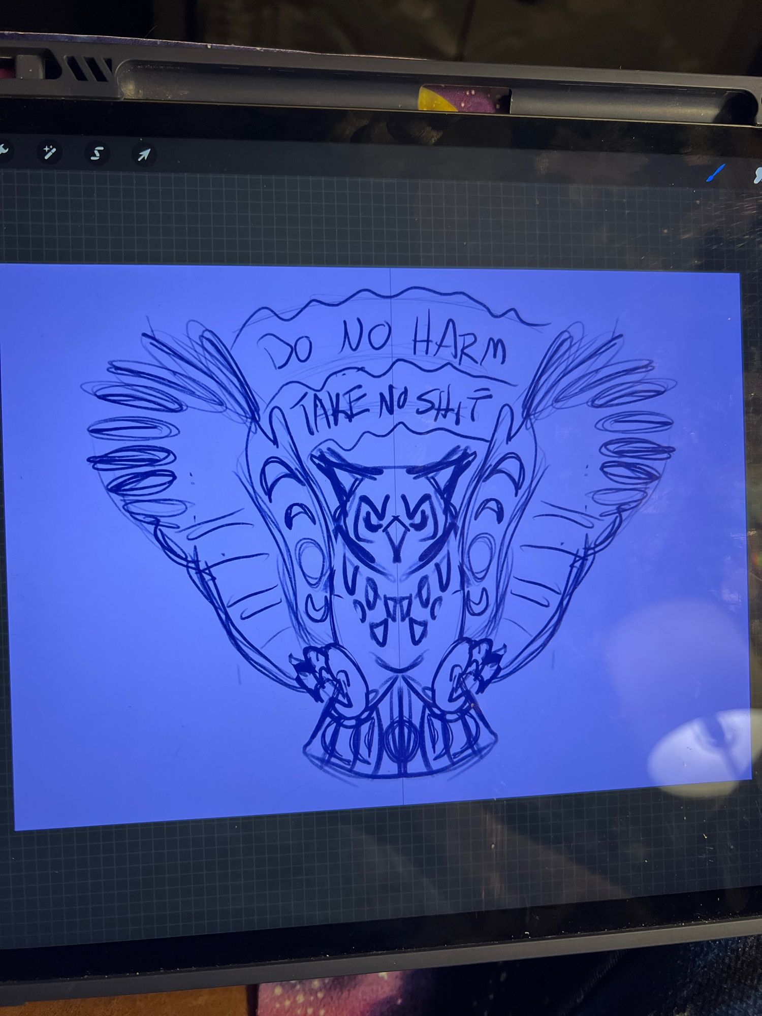 A sketch of a swooping owl with moon designs on her wings and tail, with “do no harm take no shit” above her head