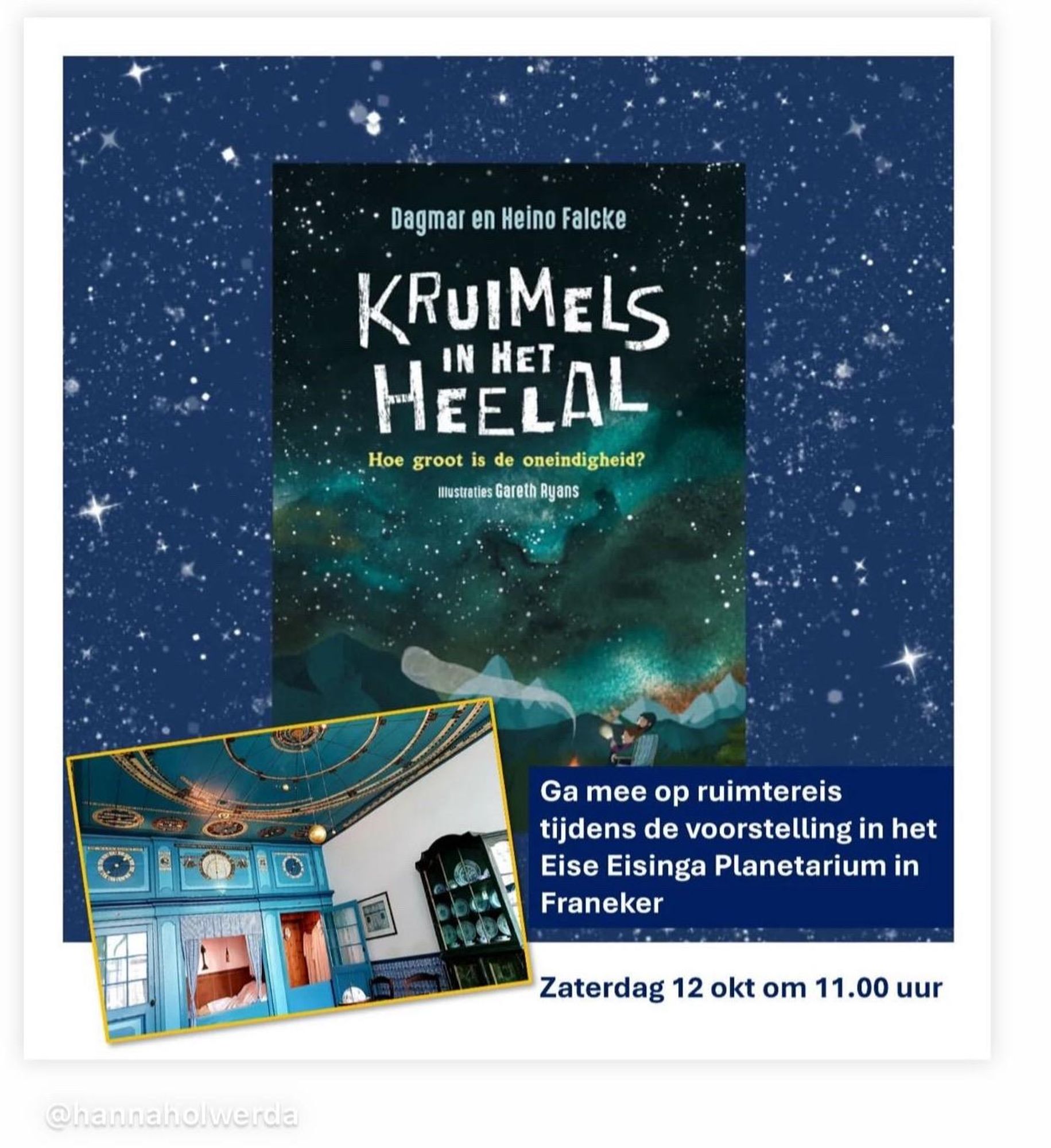 The image features a book cover titled "Kruimels in het Heelal," authored by Dagmar en Heino Falcke, with the subtitle "Hoe groot is de oneindigheid?" accompanied by illustrations by Gareth Ryans. 