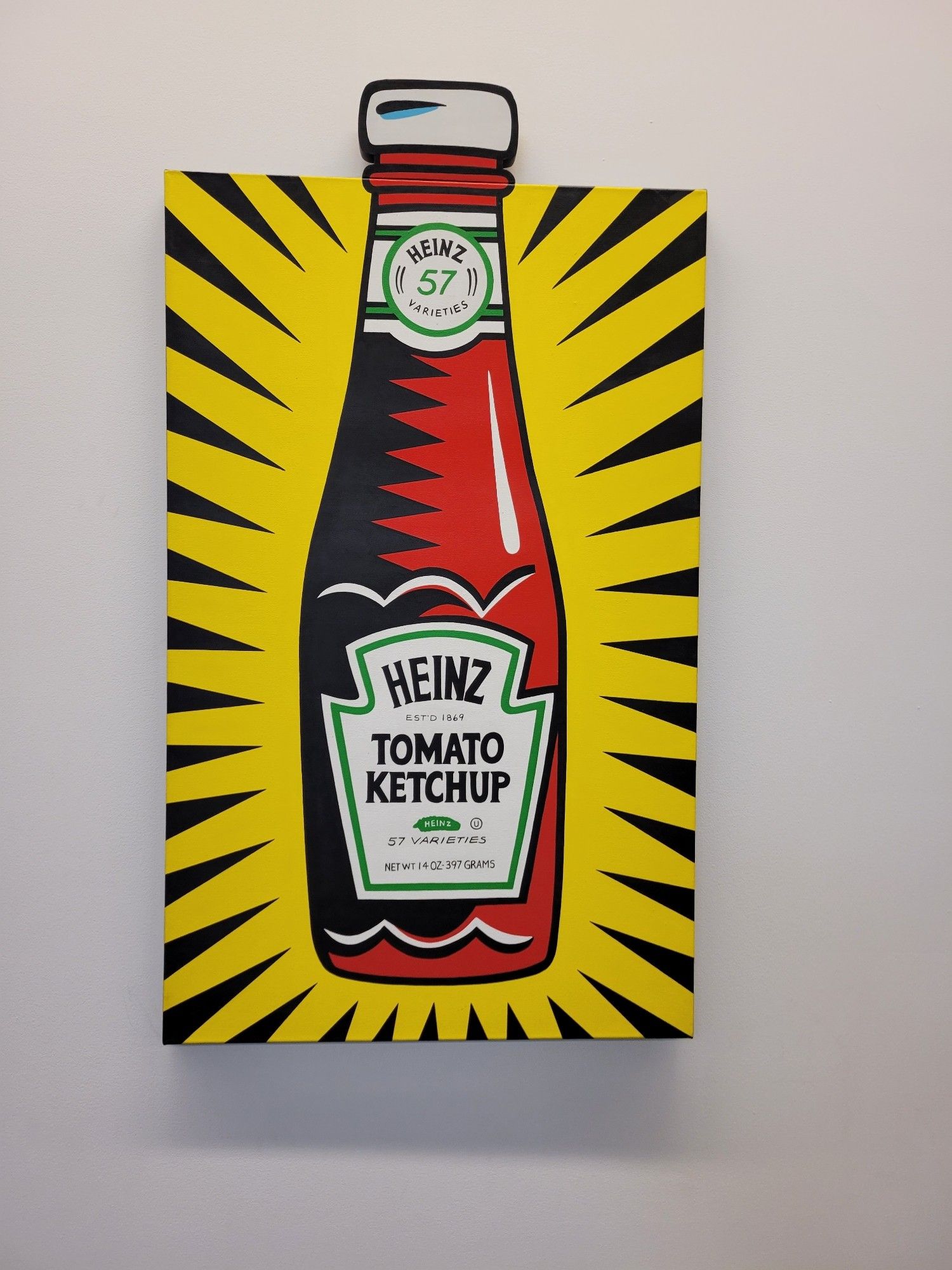 Red and yellow pop art painting of Heinz Ketchup bottle