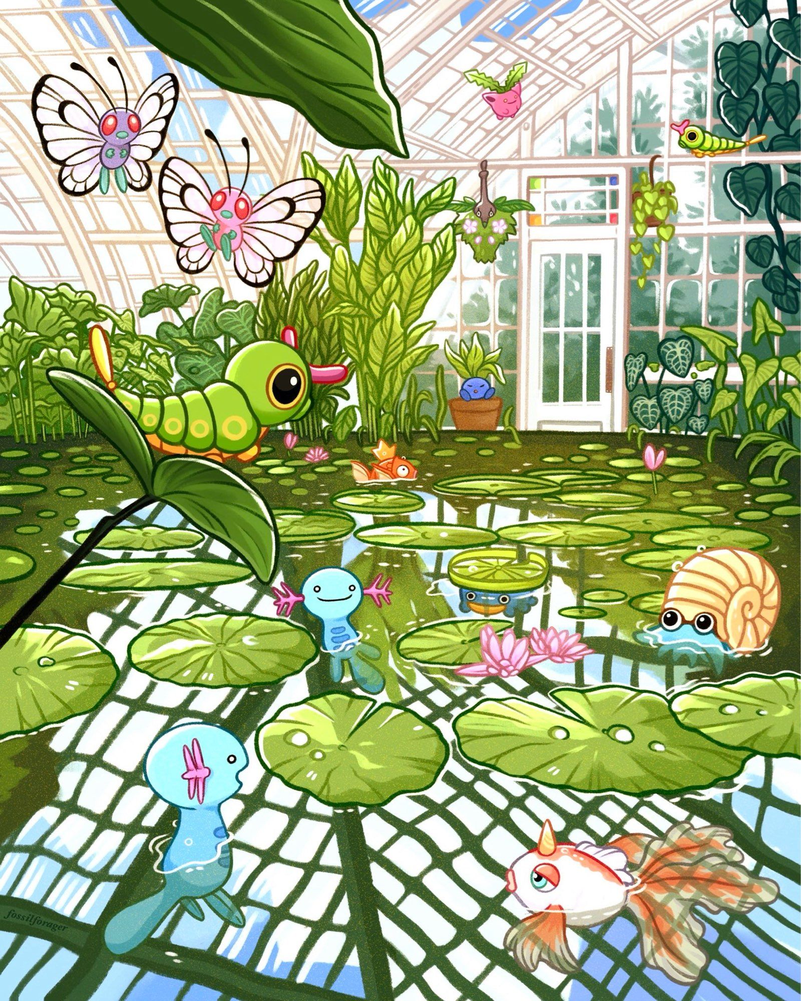 An illustration depicting a scene in which a large conservatory of tropical plants is filled with Pokémon. There is a large pond centered in the piece, filled with water lilies and aquatic plants. An Omanyte, two Woopers, a Lotad, a Magikarp, and a Goldeen inhabit the pond. Overlooking the pond is a leaf with a Caterpie on it. Two Butterfree, one purple and one pink, fly above the pond. An Oddish is sleeping in a terracotta pot in the background, while a Wormadam hangs from a pole going horizontally over the pond. Another Caterpie is crawling on the same pole, and a Hoppip is floating just above it near the conservatory’s large skylight windows. A lot of light fills the space, making it vibrant and bright.