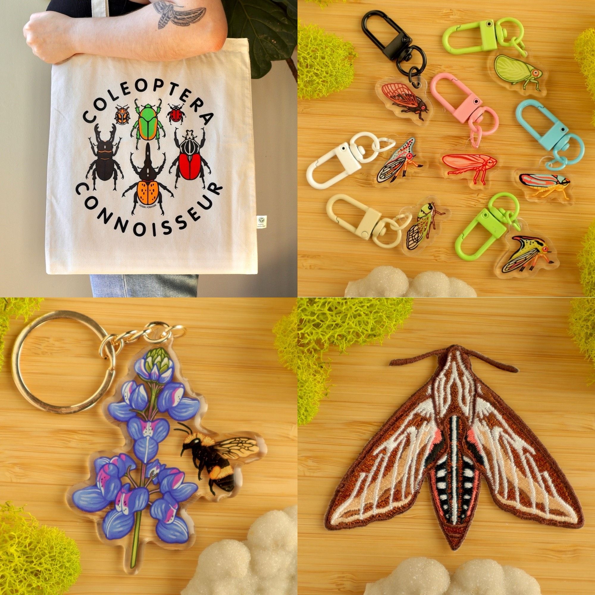 A 4-way square collage featuring some of my new products! Top left is my Coleoptera Connoisseur tote bag. Top right are my mini assorted bug keychains. Bottom left is my bumblebee and lupine acrylic keychain. Bottom right is my white-lined sphinx moth iron-on patch.