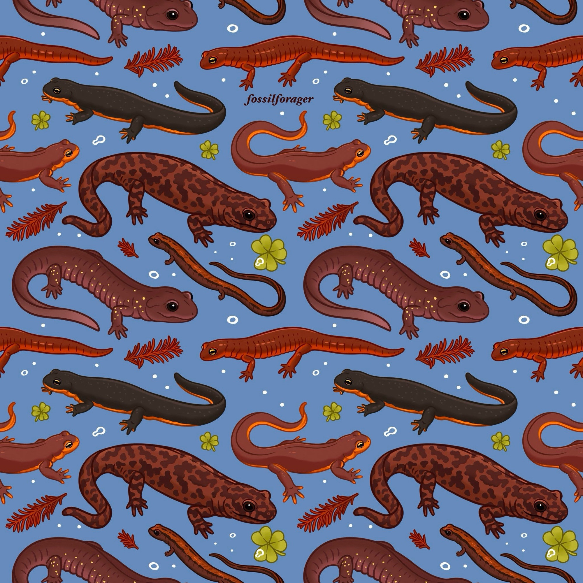 An illustrated tiled pattern showing 6 species of salamanders and newts native to California arranged on a light blue background.  They are mostly earthy brown, orange, yellow, and black. There are water droplets, sorrel, and redwood leaf litter scattered in between the amphibians.