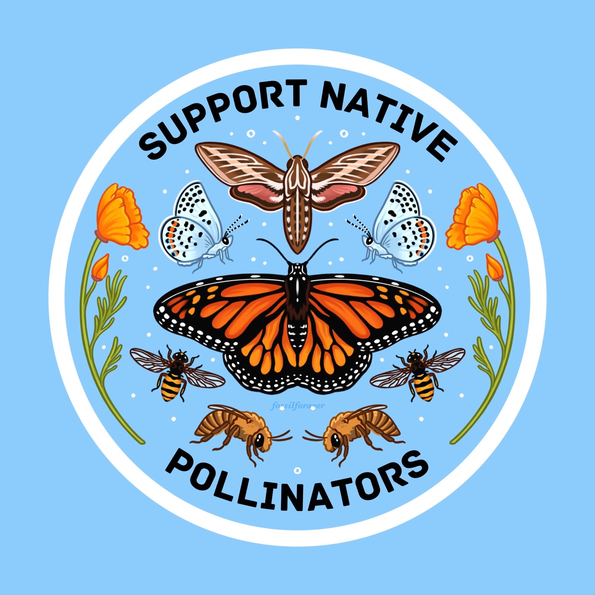 An illustration featuring various North American native pollinators in a blue circle and white border, with text that reads “Support Native Pollinators”.