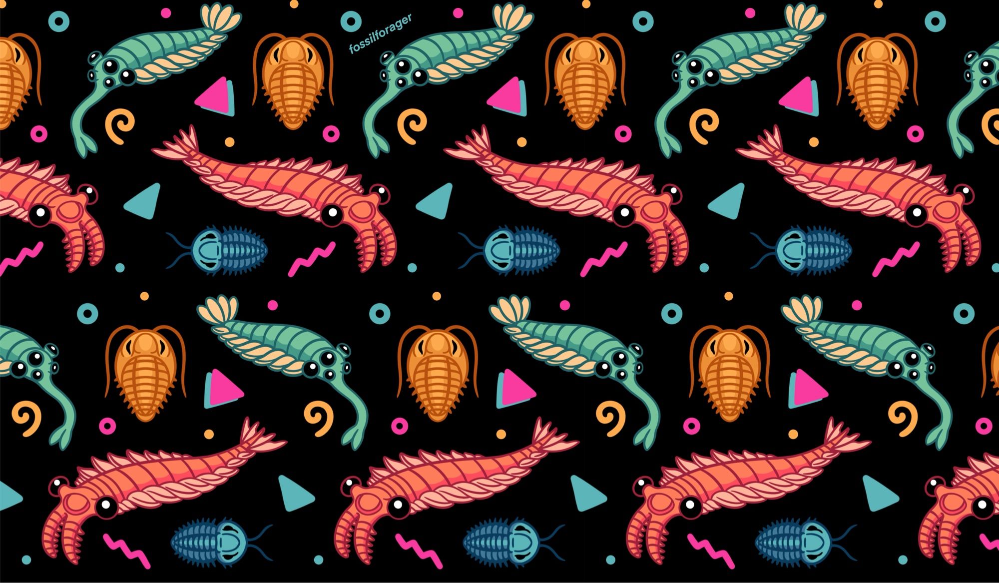 A tiled illustrated pattern featuring Cambrian animals (such as anomalocaris, trilobites, and opabinia) arranged on a black background. They are brightly colored and have various shapes and squiggles around them resembling a 90s arcade carpet.