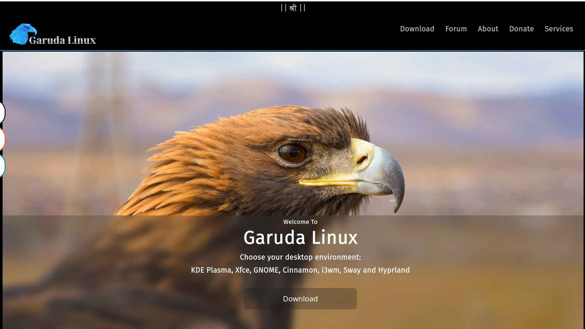 A screenshot of the website of Garuda Linux. Their logo is a bird of prey and there is a large photograph of a bird of prey on the homepage as the background of the page. 