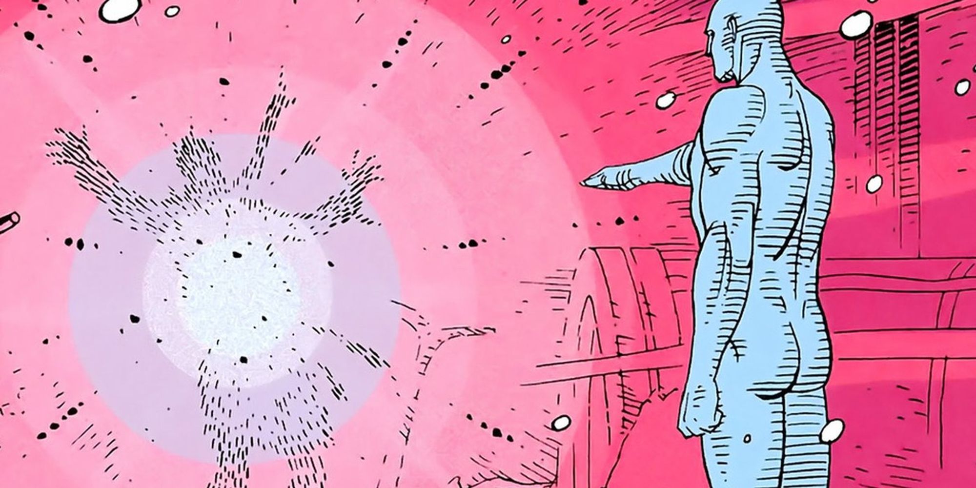 the panel of the watchmen comic where doctor manhattan blows up rorschach by pointing at him. Doctor Manhattan is blue and nude and seen from behind, rorschach is a striped silhouette of a person amidst a brilliant white flash of light, all against a bright magenta background. For context, an edit of this panel exists where Dr. manhattan says Steve Jobs died of Ligma. Rorschach asks "who the fuck is Steve Jobs" and Manhattan, ignoring Rorschach's being too clueless to fall for the setup, kills him while saying "ligma balls" anyway. None of this text is in this screenshot however, it's just implied.