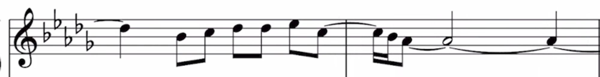 a staff of sheet music with a treble clef and five flats indicating a key of B Minor. The notes are the for the melody of "We're no strangers to love" the first line of Rick Astley's "Never Gonna Give You Up" Hopefully I'm not wrong about the key, I'm not too familiar with sheet music.