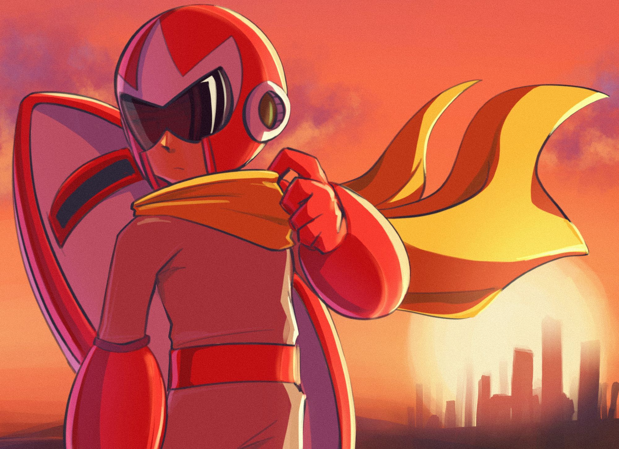 Protoman from Megaman looking to his right whilst holding his scarf against a sunset background.