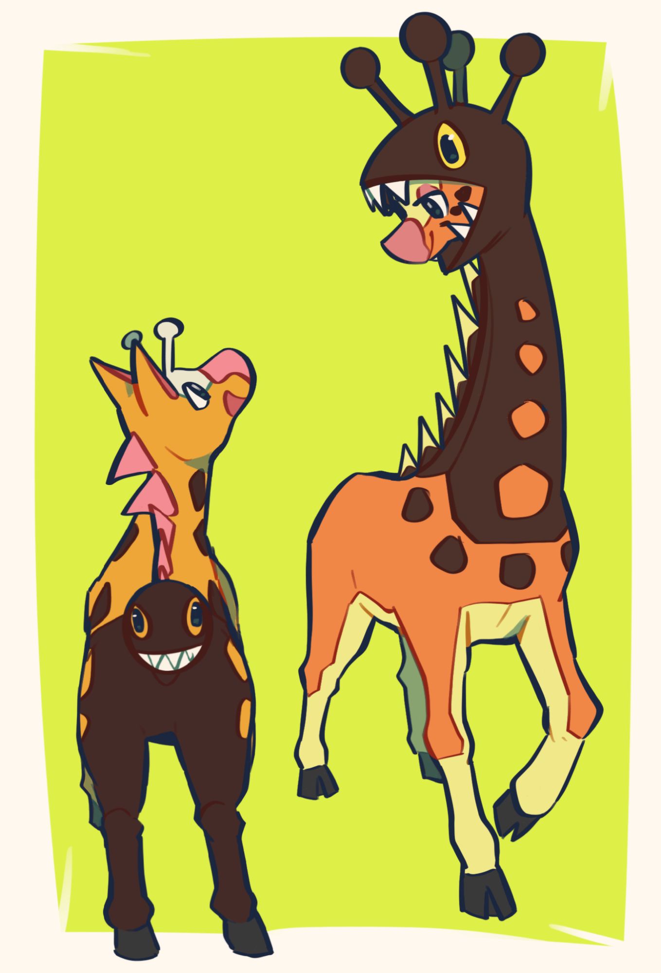 The two Pokemon Girafarig and Farigiraf looking at each other on a plain green background.