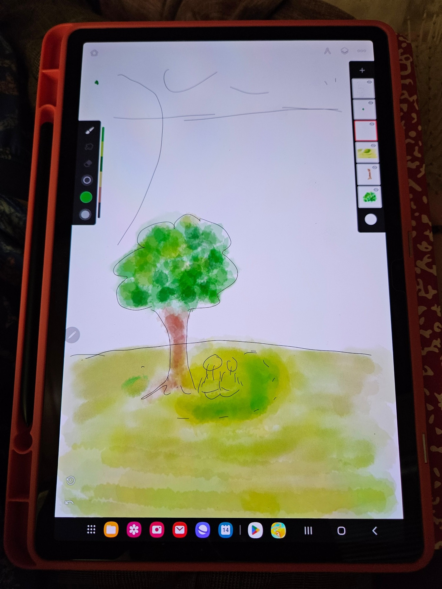 Tablet screen with a drawing in progress, tree colored in