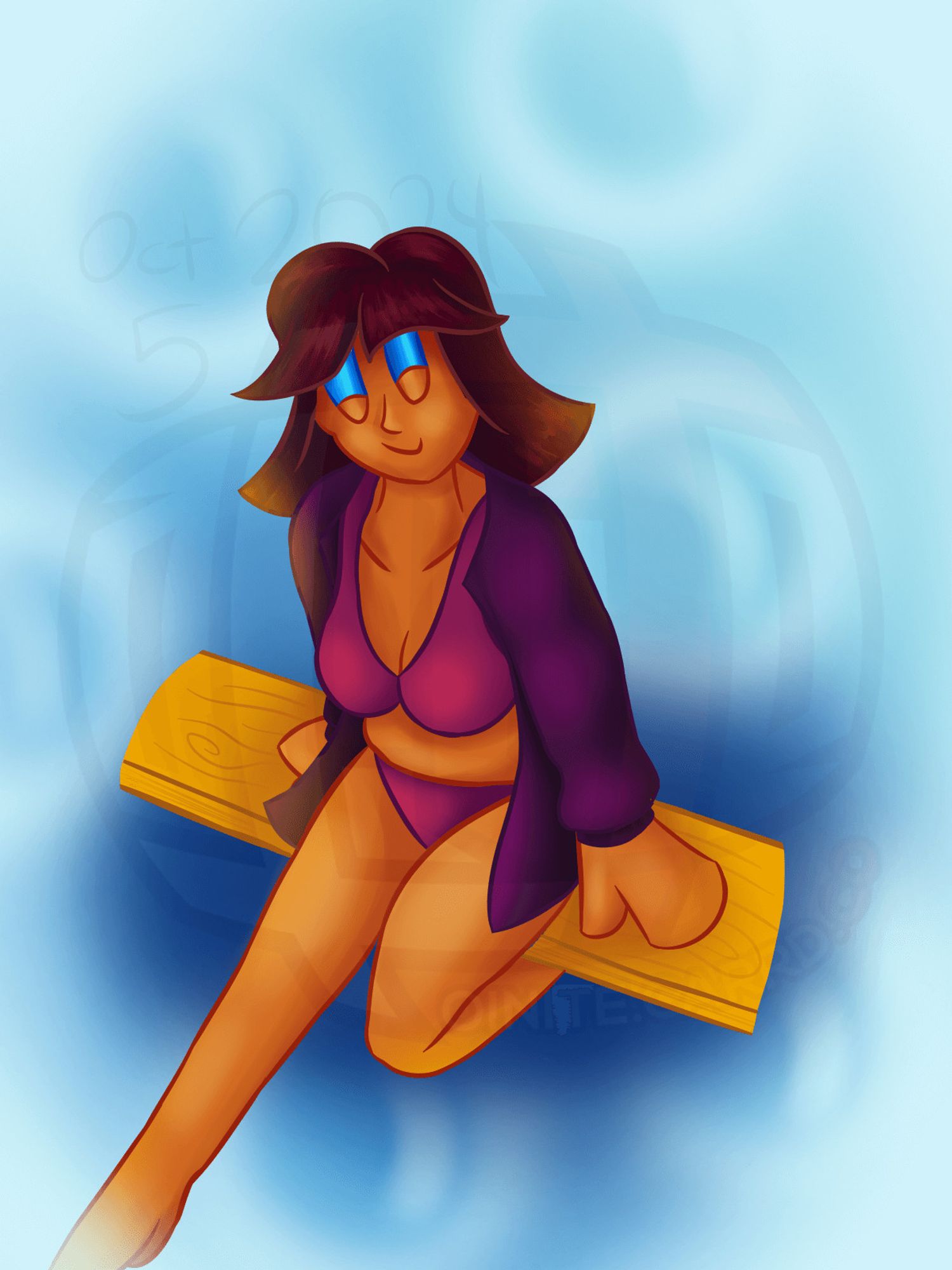 Subject is Salison, wearing a dark purple sweater and fuchsia bikini while sitting on a wooden plank and looking at the viewer. Background is abstract, predominantly sky blue with blurry bubbles.