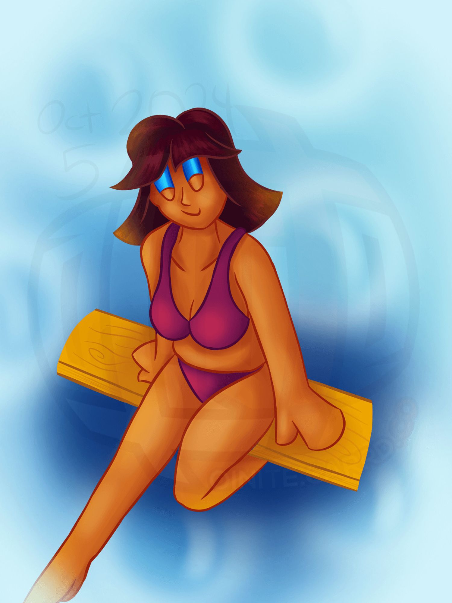 Subject is Salison, wearing a fuchsia bikini while sitting on a wooden plank and looking at the viewer. Background is abstract, predominantly sky blue with blurry bubbles.